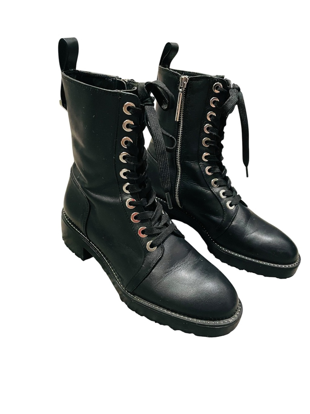 ZARA Woman Black Lace-Up Combat Boots Side Zip Studded Moto